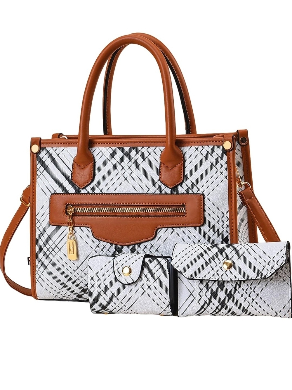 Brown Trim Plaid Tote Bag with Matching Wallets